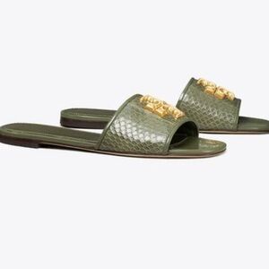 Tory Burch Olive Green Slide Sandals with Gold Logo Hardware
